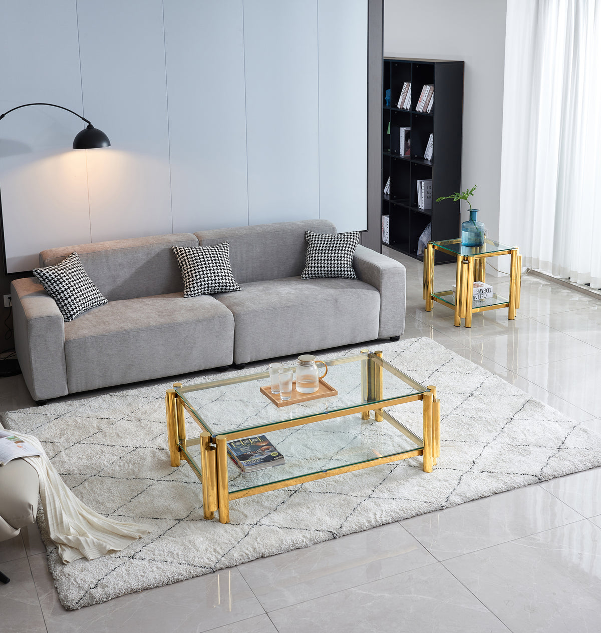 Modern Stainless Steel Coffee Table Set (Set of 2), Double-Layer Clear Tempered Glass Table Top, Coffee Table & End Side Table 2-Pieces Sets for Living Room Home Office, Gold