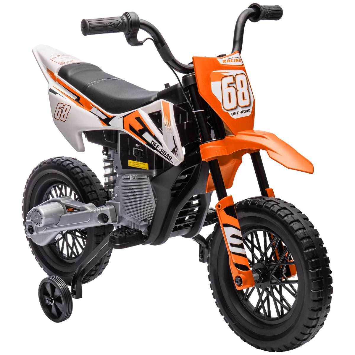 Qaba Kids Dirt Bike with Twist Grip Throttle, 12V Electric Motorcycle, Electric Bike for Toddler with Training Wheels, Spring Suspension & Music, Orange