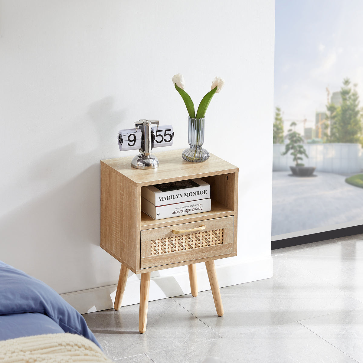 15.75' Rattan End table with  drawer and solid wood legs, Modern nightstand, side table for living room, bedroom,natural