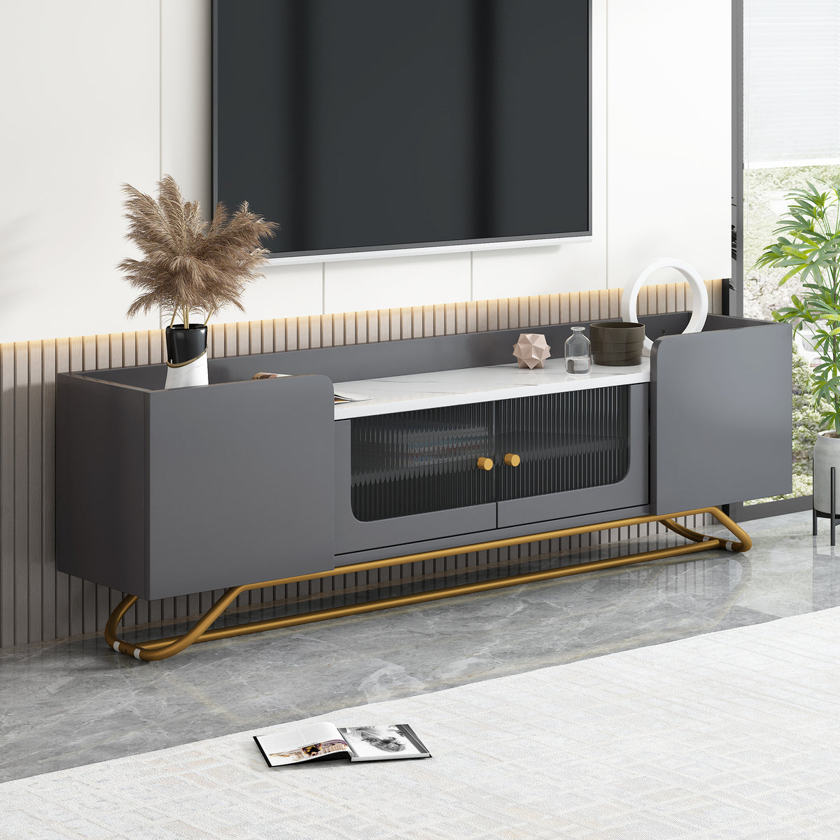 ON-TREND Sleek Design TV Stand with Fluted Glass, Contemporary Entertainment Center for TVs Up to 70', Faux Marble Top TV Console Table with Gold Frame Base, Grey