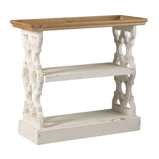 35.5' x 14' x 32' Distressed White and Natural Wood Shelf Tray, French Country Console Table