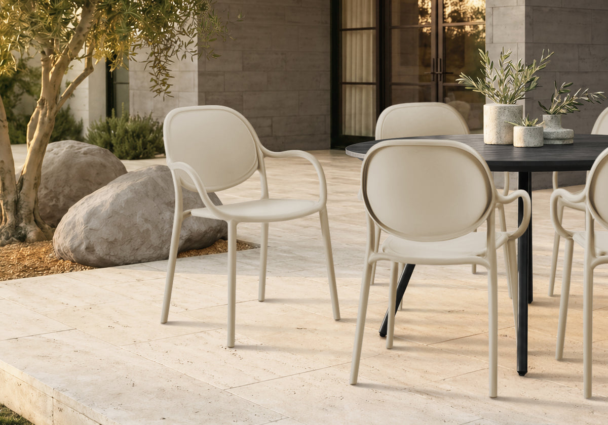 Outdoor Chair, 32'h, Stacking Dining Armchair, Patio Chairs, Set Of 4, Natural Taupe, Contemporary, Modern