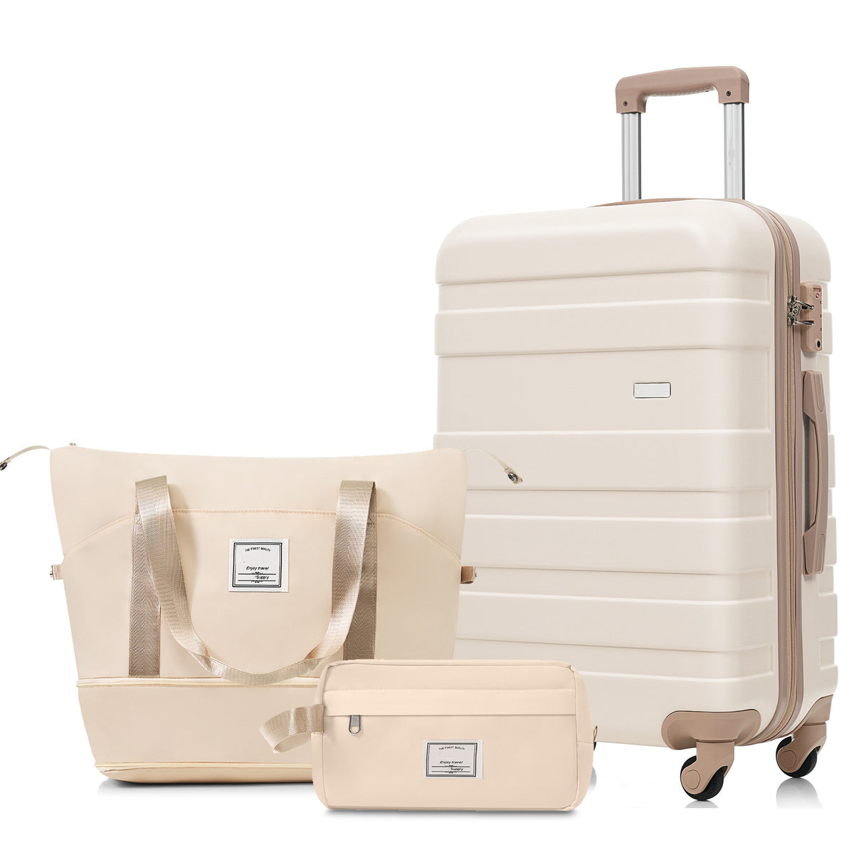 3-Piece Luggage Set  - 24in Checked Suitcase with TSA Lock Travel Duffel Bag Wet-Dry Toiletry Bag,ivory and golden