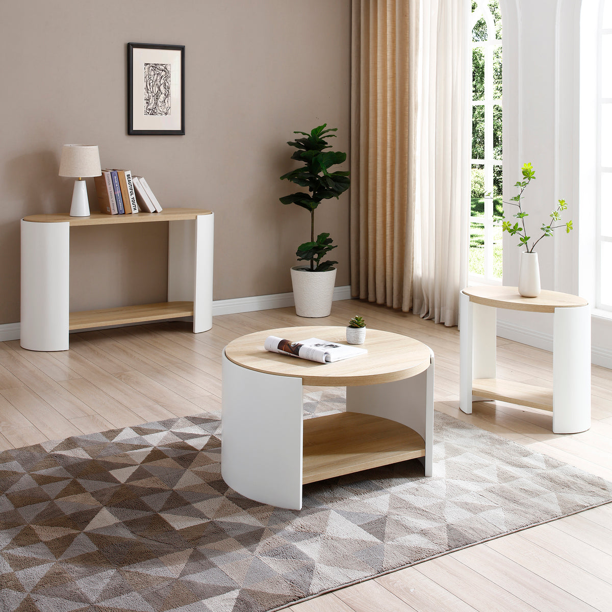 3 Table Set Round Coffee Table ,31' Coffee Table for Living Room,2-Tier Rustic Wood Desktop with Storage Shelf Modern Design Home Furniture(Natural color and white)