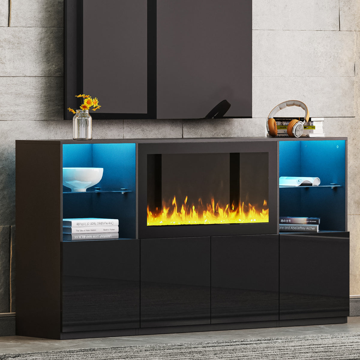 ON-TREND High Gloss TV Stand with 34.2' Non-heating Electric Fireplace, Modern Entertainment Center with LED Light, Media Console with Tempered Glass Shelves for TVs up to 75', Living Room, Black