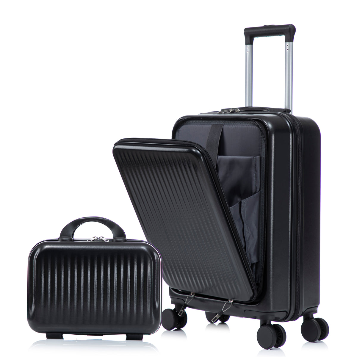 Black ABS Spinner Luggage Set with Combination Lock and 14' Cosmetic Case, 20' & 14' Dimensions