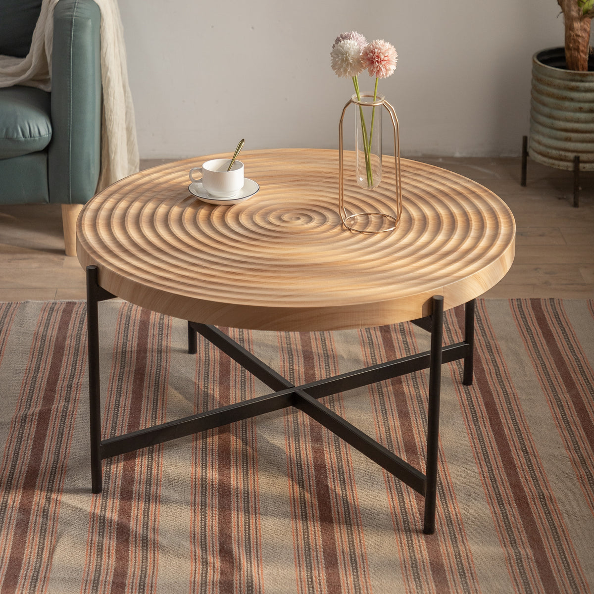 33'Modern Thread Design Round Coffee Table ,  MDF  Table Top with Cross Legs Metal Base