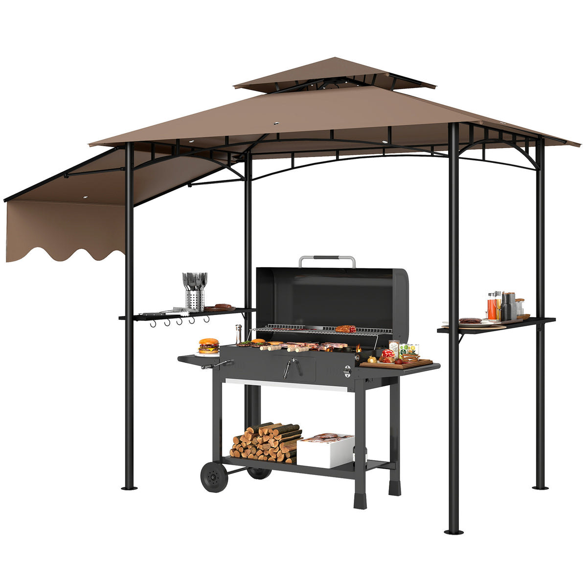 Outsunny 8' x 5' Grill Gazebo, Double Tiered Outdoor BBQ Gazebo with Side Awning, 2 Side Shelves and 6 Hooks for Patio, Deck, Yard, Brown