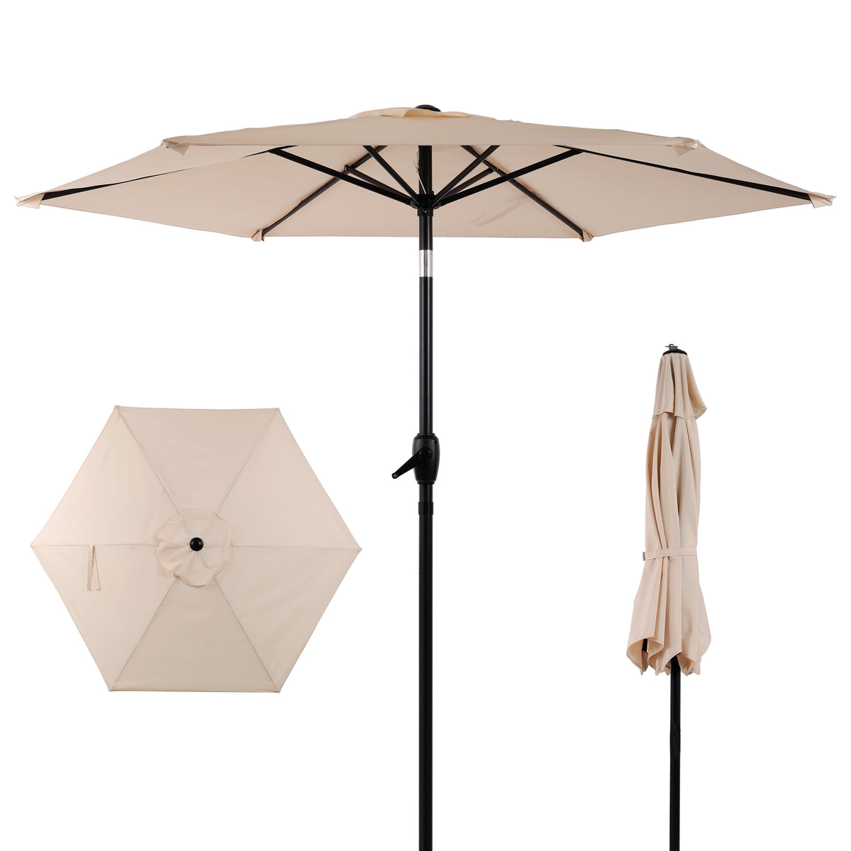 10FT Patio Umbrella, Outdoor Market Yard Umbrella, Sun Shade Umbrella with Push Button Tilt and Crank Mechanism for Garden, Deck, Pool and Backyard, Not Include Umbrella Base, Beige