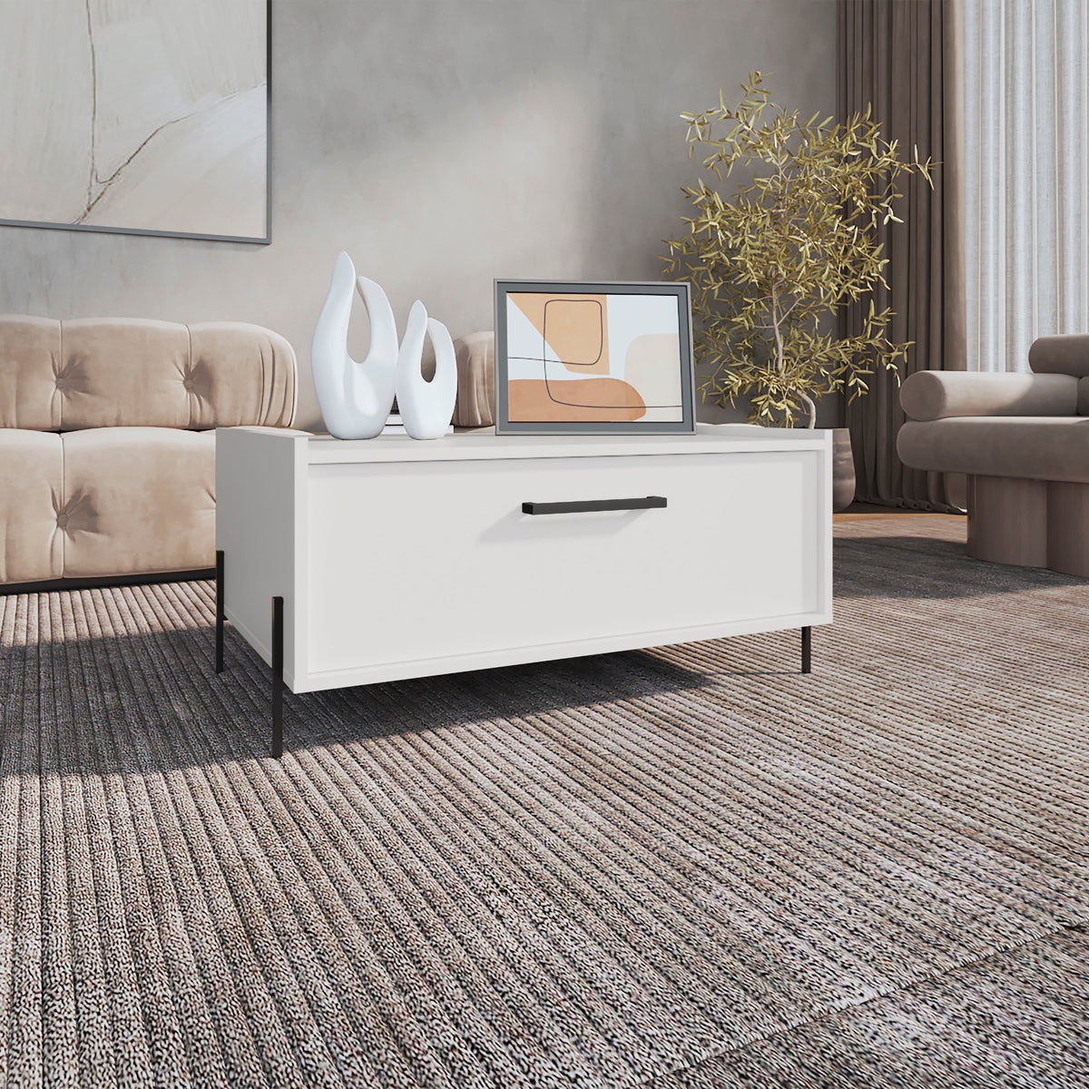 Shan 15' High Minimalistic Coffe Table with Pull Down Cabinet and Open Shelf White
