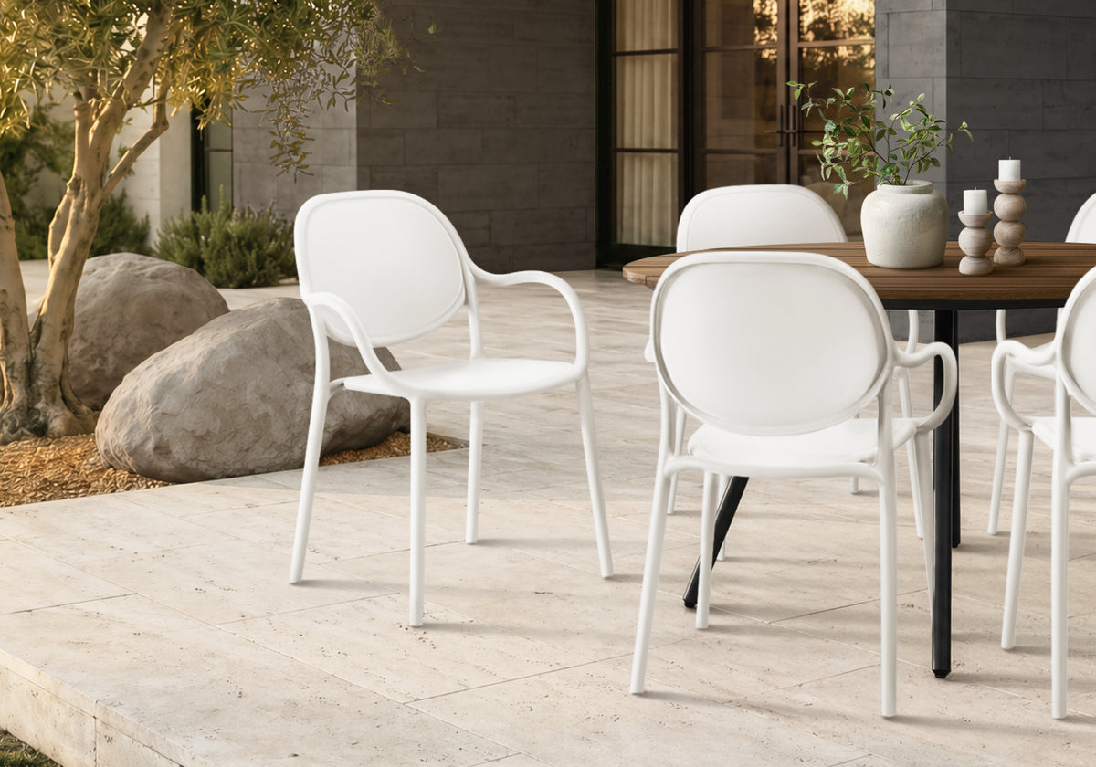 Outdoor Chair, 32'h, Stacking Dining Armchair, Patio Chairs, Set Of 4, White, Contemporary, Modern