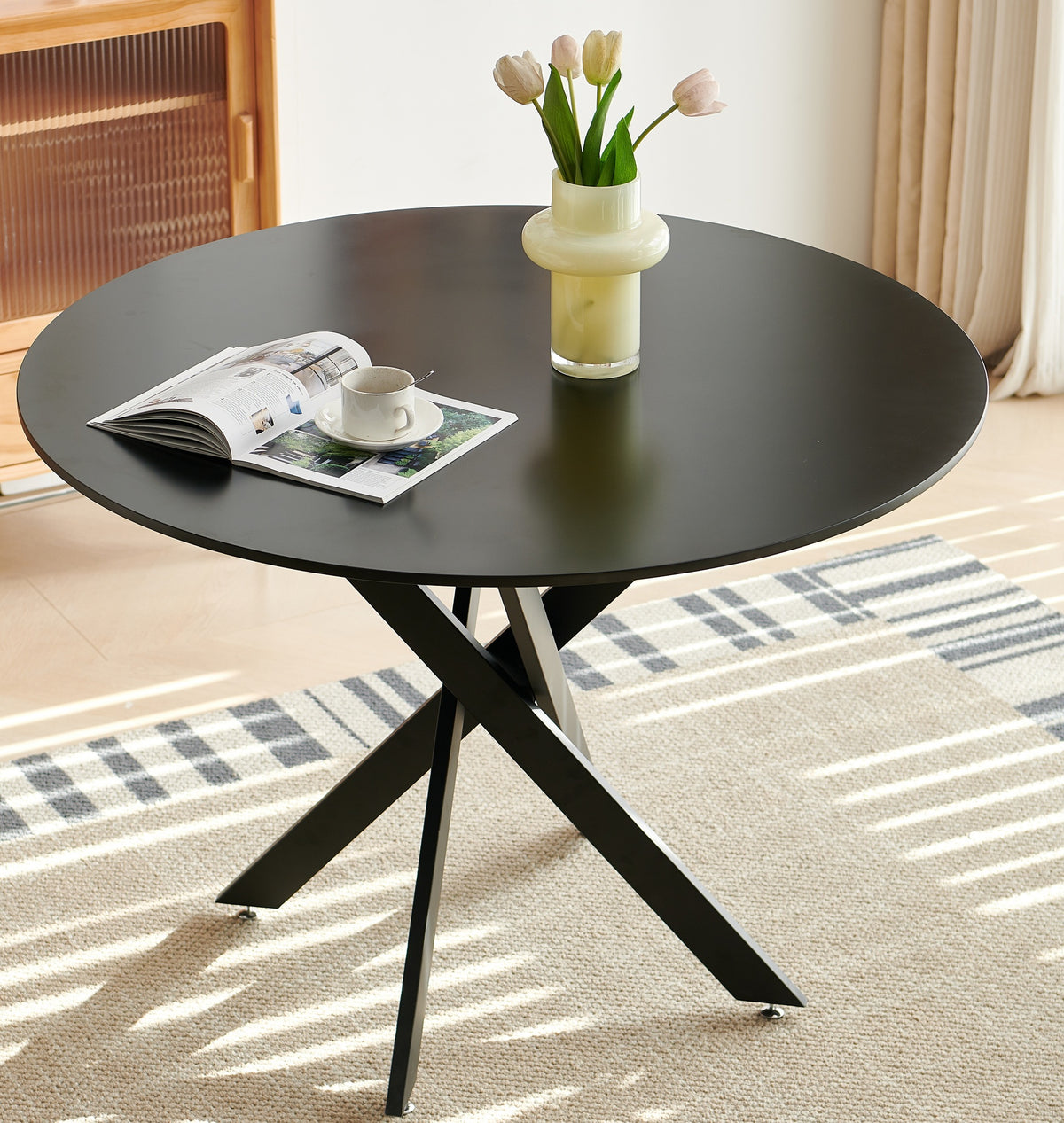 42.1'BLACK Table Mid-century Dining Table for 4-6 people With Round Mdf Table Top, Pedestal Dining Table, End Table Leisure Coffee Table,cross leg