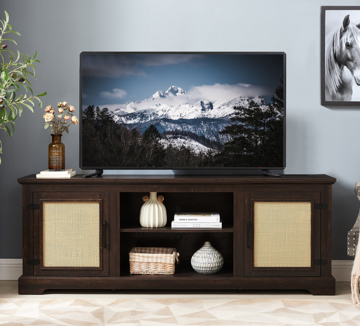 Farmhouse Rattan TV Stand Console Table for TVs up to 70 Inches, TV Console Table with 2 Storage Shelves, 2 Natural Rattan Door Cabinets, 65'W*15.55'D*23.86'H, Espresso