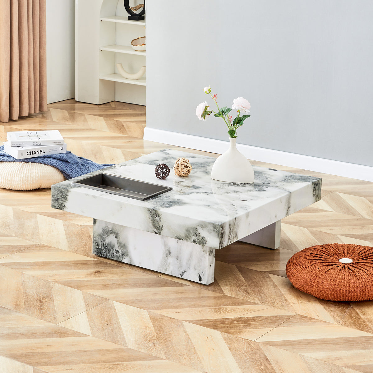 A modern and practical coffee table, black and white in imitation marble pattern, made of MDF material. The fusion of elegance and natural fashion 31.4'* 31.4'* 12 '
