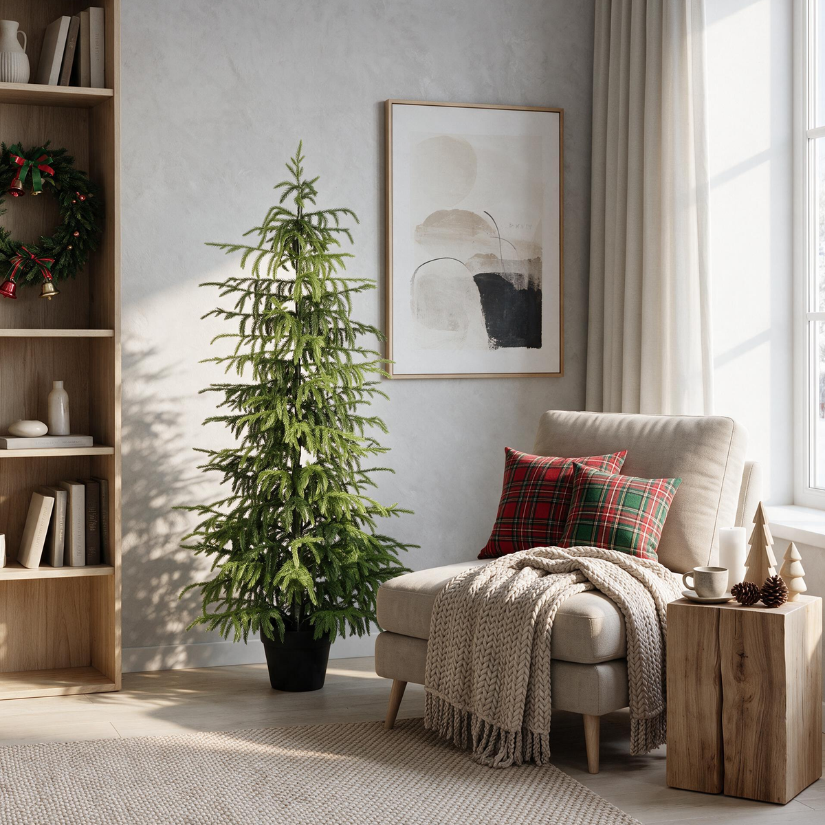 4FT Artificial Real Touch Norfolk Pine Tree 1pc/set, Potted Plants for Christmas, Easy Fluff & Store, Indoor Outdoor Decor
