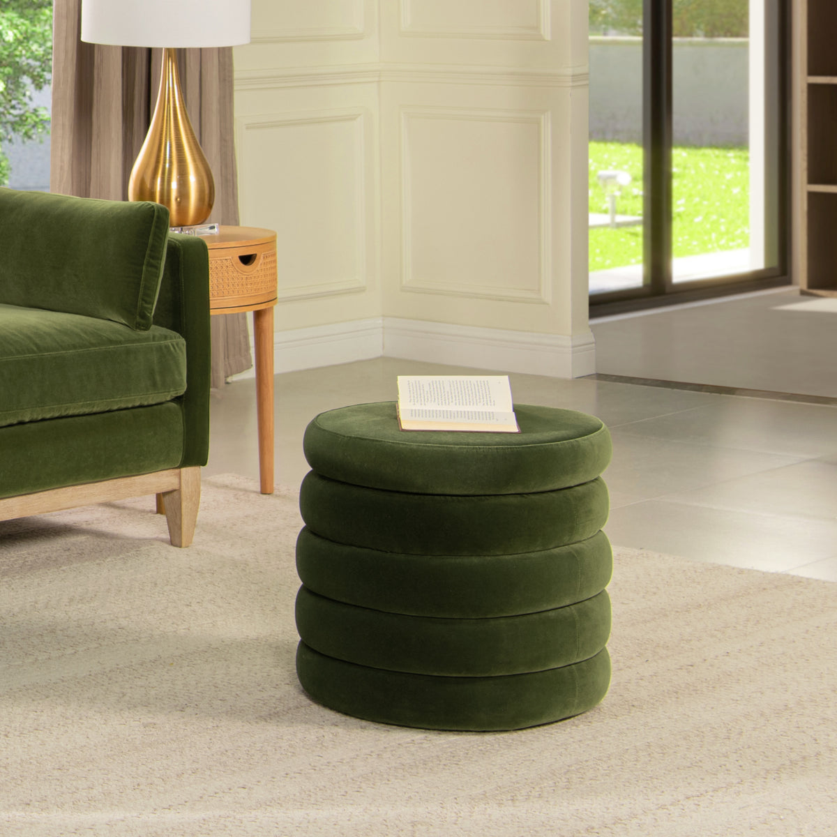 Fuji 19' Oversized Round Storage Ottoman, Olive Green Performance Velvet
