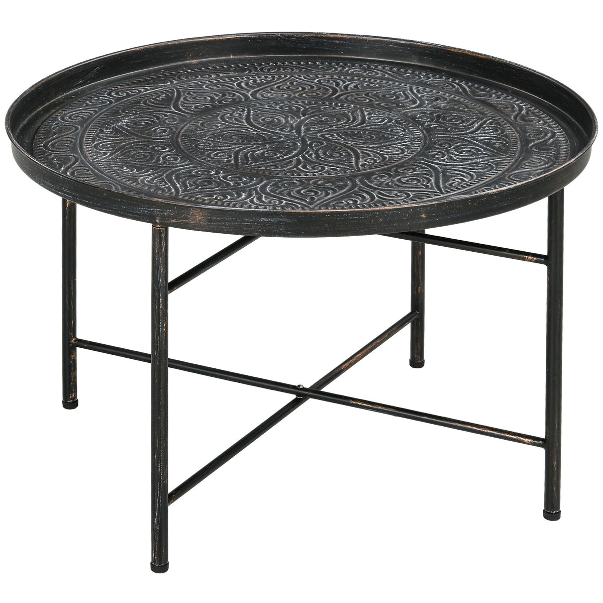 HOMCOM 24' Round Coffee Table with Hammered Tray Top, Vintage Metal Center Table for Living Room, Bedroom, Side Table, Pewter