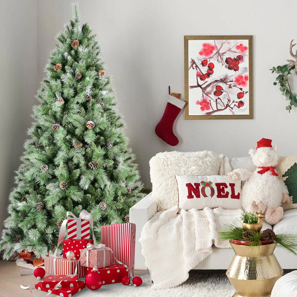 8FT Christmas Tree with 102 Pine Cones – 1858Tips, Mixed PVC & Hard Needle Branches, Hinged Structure for Easy Setup, Sturdy Metal Stand – Realistic Full Holiday Tree