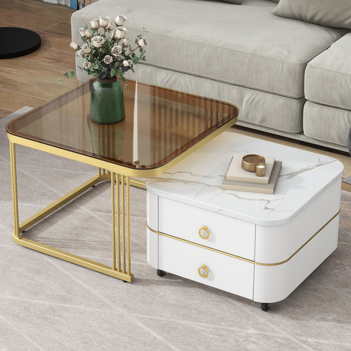ON-TREND 2-in-1 Square Nesting Coffee Table with Wheels & Drawers, Stackable Side Table with High Gloss Marble Grain Top, End Table Set with Brown Tempered Glass for Living Room, White