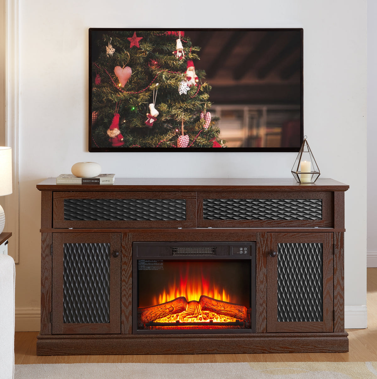 Embossed Pattern TV Stand with 23' fireplace insert,, TV and Media Console with Open and Closed Storage Space and sliding door for Living Room & Bedroom, Dark Cherry, 58.27'W*15.35'W*31.7H