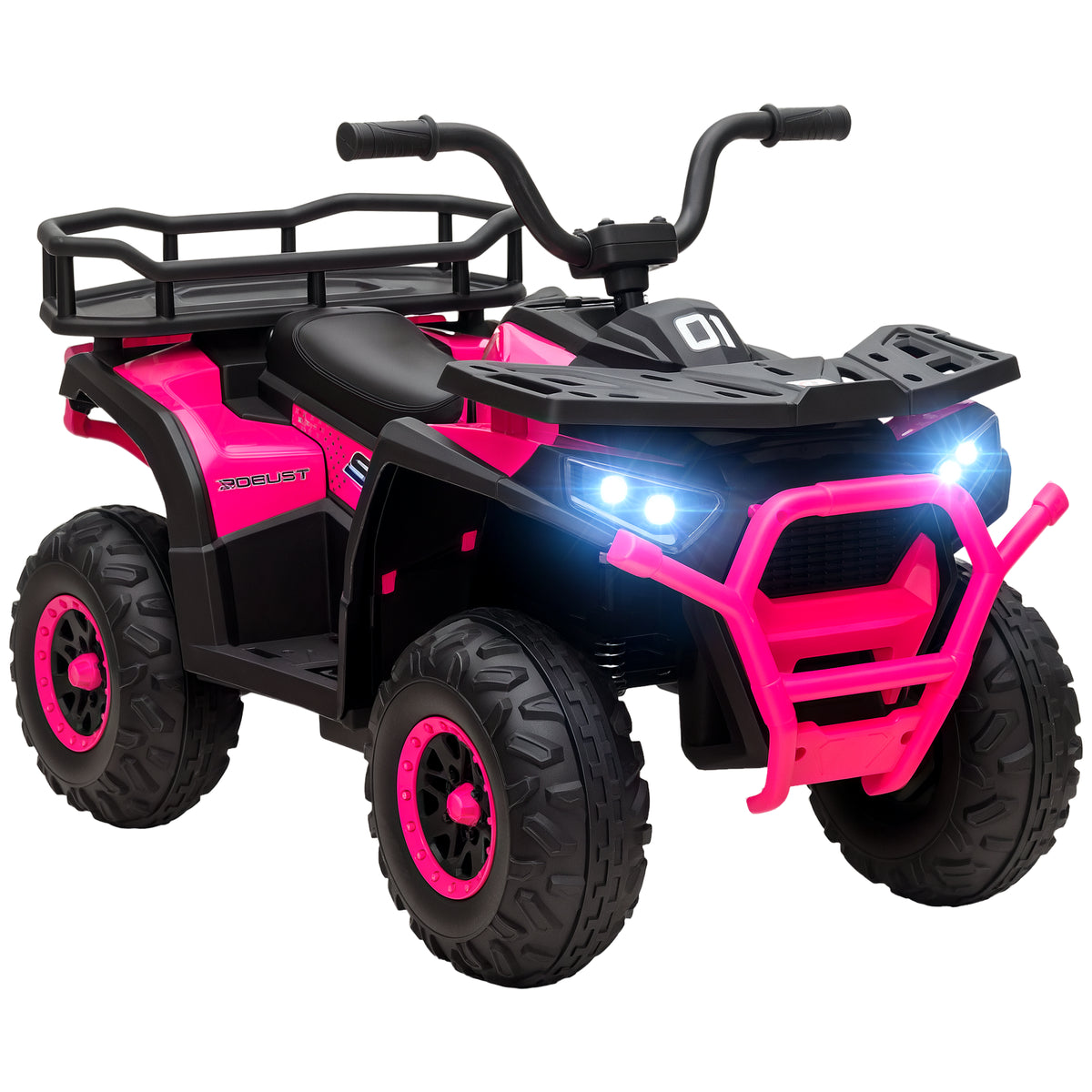Qaba 12V Kids ATV, 4 Wheeler Quad, 3.7Mph Battery Powered Ride on Car with 4 Suspension Wheels, Storage Basket, LED Lights, Music USB, Treaded Tires, Electric Car for Boys Girls Aged 3-5 Years, Pink