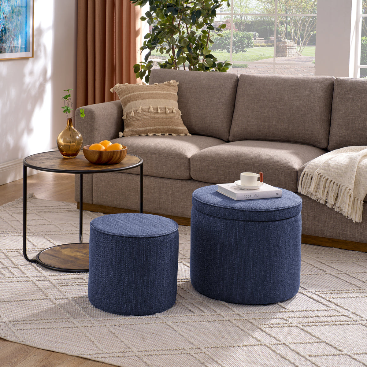Ottoman, multi-functional combination set table Ottoman, combination of Ottoman and table, with drum stool, with storage space-Dark Blue