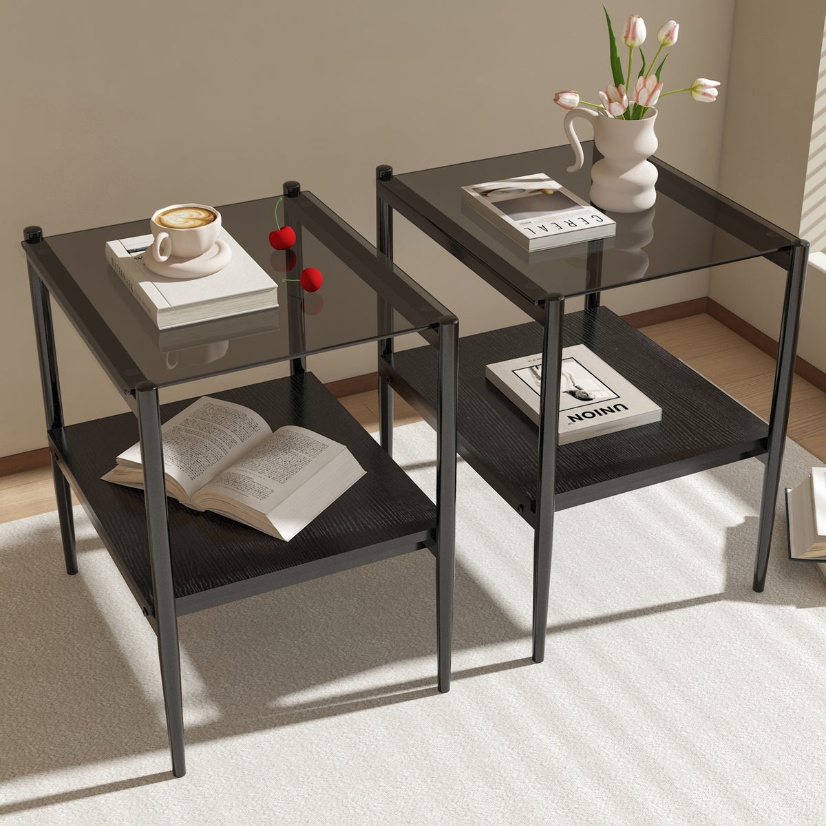 Set of 2 Rectangle End Table, Tempered Glass Tabletop with MDF layer, Modern Table for Living Room , Gray Glass