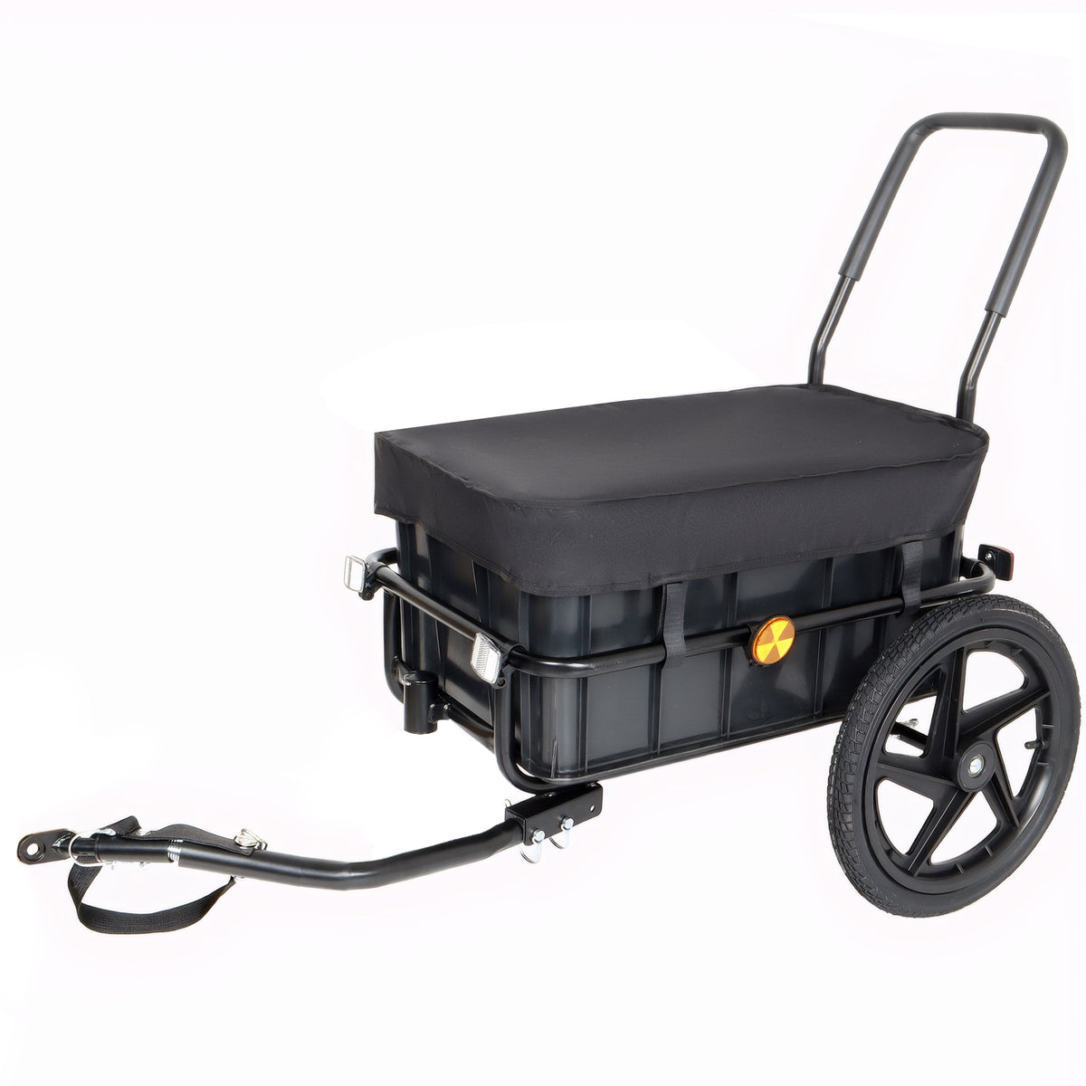 2-in-1 Bike Cargo Trailer Pushcart, Bicycle Trailer with Removable Box and Waterproof Cover, Black, Pushcart Stroller with Tow Hitch and Removable Handlebar, black