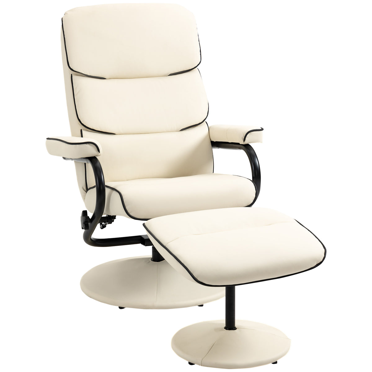 HOMCOM Recliner Chair with Ottoman, PU Leather Swivel High Back Armchair w/ Footrest, 135° Adjustable Backrest and Thick Foam Padding, Cream White