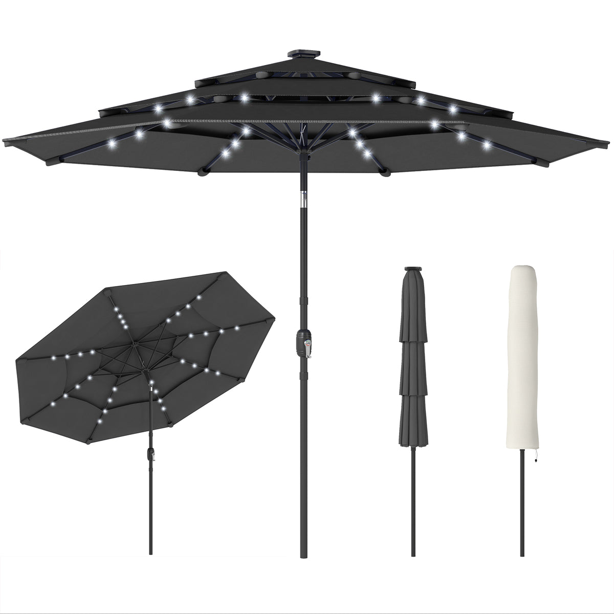 Outsunny 9.7 ft Outdoor Patio Umbrella with 32 Solar LED Lights, 3 Tier Outdoor Table Market Umbrella with Tilt and Crank, 8 Ribs for Garden, Deck, Yard, Poolside, Black