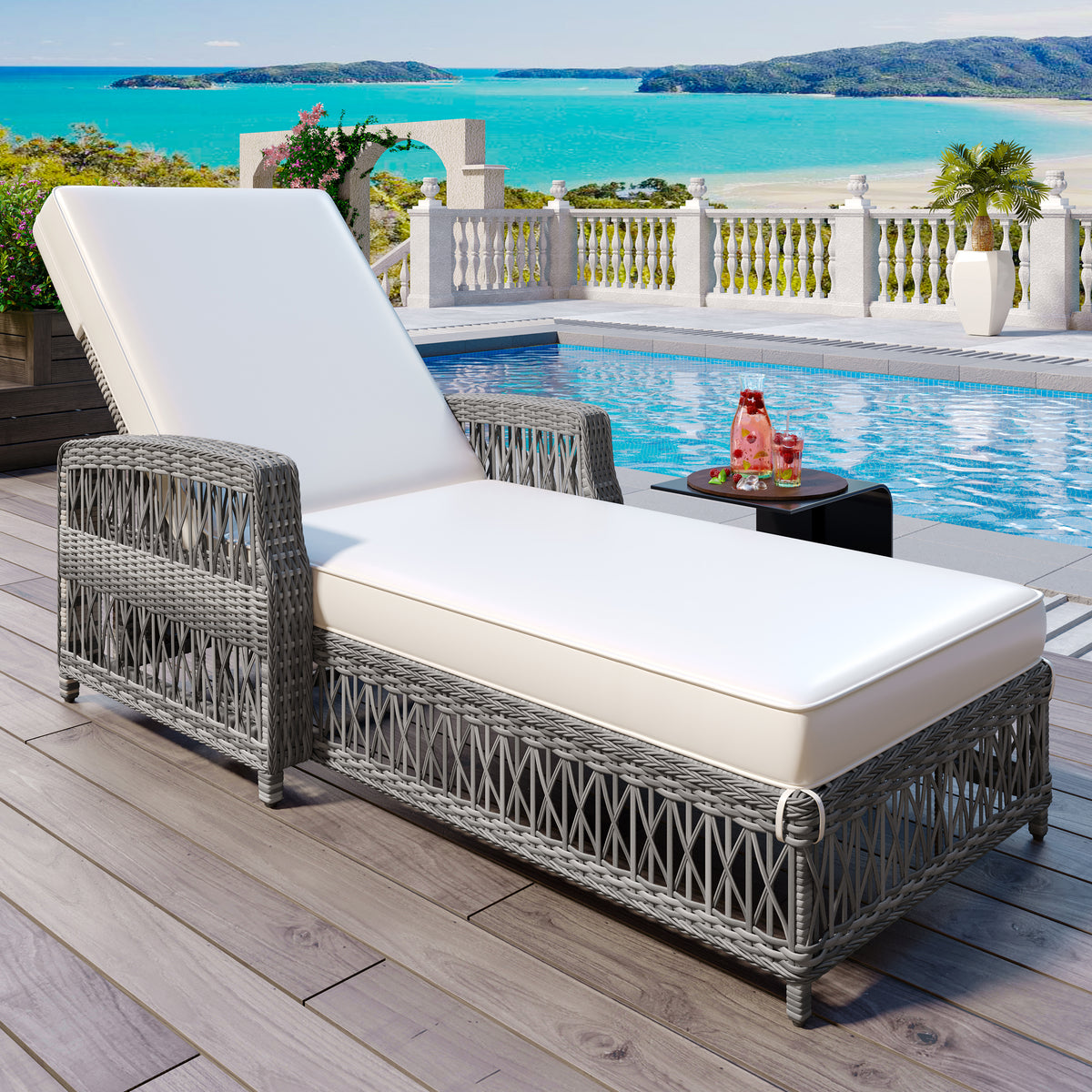 GO Outdoor Long Reclining Chaise, Wicker Lounge with Armrests, Patio Adjustable Recliner with Soft Removable Cushions, All Weather Rattan Pool Lounge for Poolside & Garden, Beige