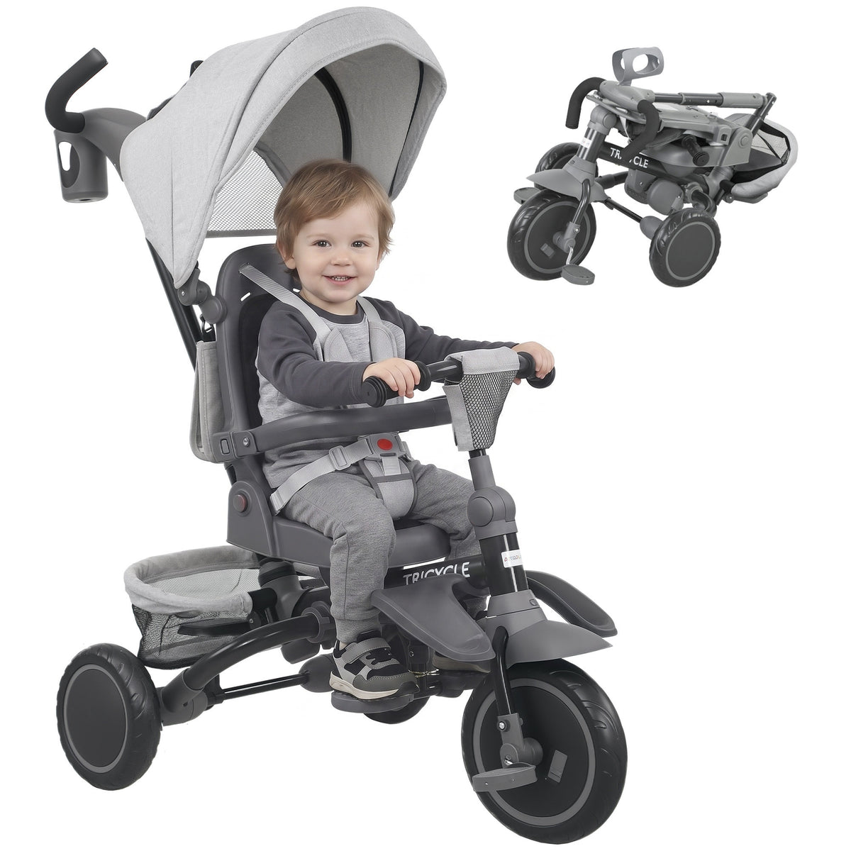 Qaba Kids Tricycle, 6 in 1 Foldable Baby Trike with Adjustable Push Handle, Tricycle Stroller with Removable Canopy, Reversible Seat, Safety Harness, Detachable Guardrail, Storage for 1-5 Years, Gray