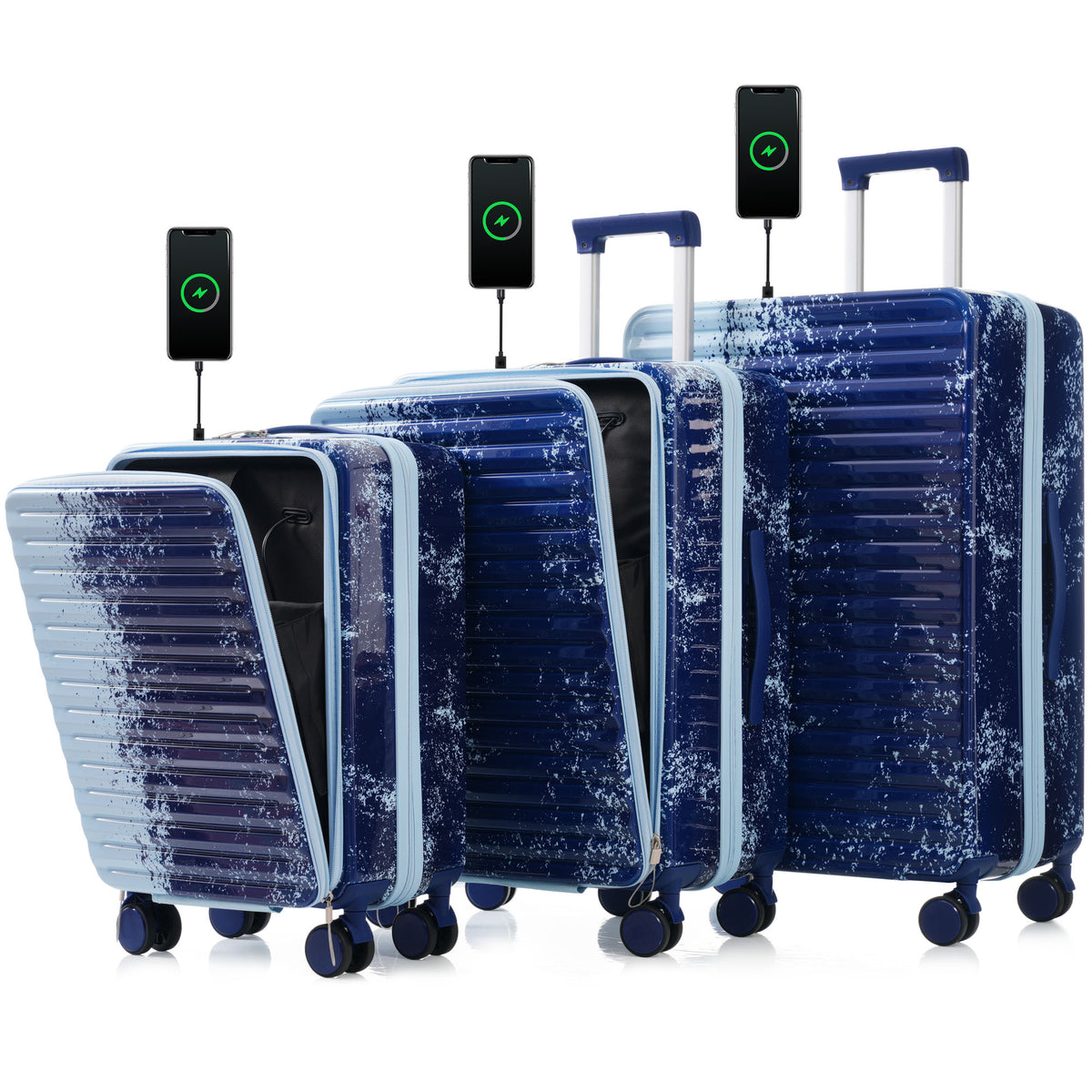 Luggage 3Piece Sets, 20 '24' with front pocket,Hard Shell Luggage Carry on Luggage Set with TSA Lock 
 usb interface, universal wheel,cup holder,gradient blue