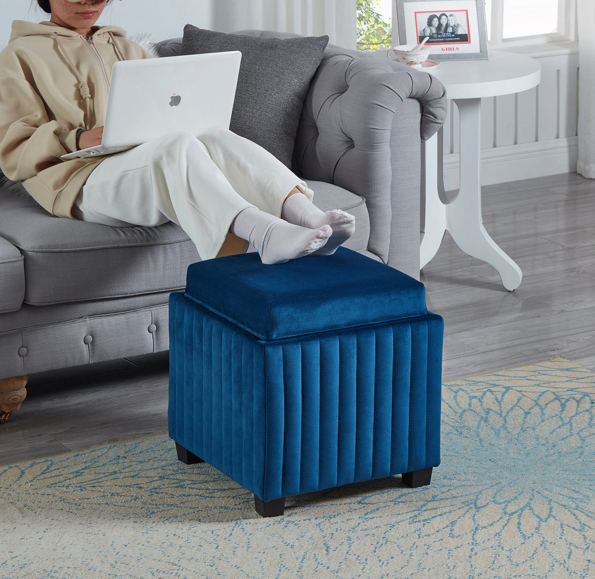 18 Inch Wide Contemporary Square CubeStorage Ottoman Bench, Storage Bench with coffee tray,coffee table for Living Room Ottoman  foot rest for Bedroom End of Bed, BEIGE velvet fabric in modern SAWING