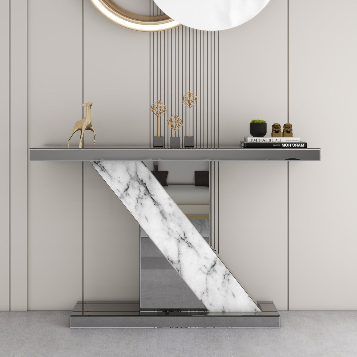 47.24'' Mirrored Glass Console Table Imitation Marble Sofa Entryway Table