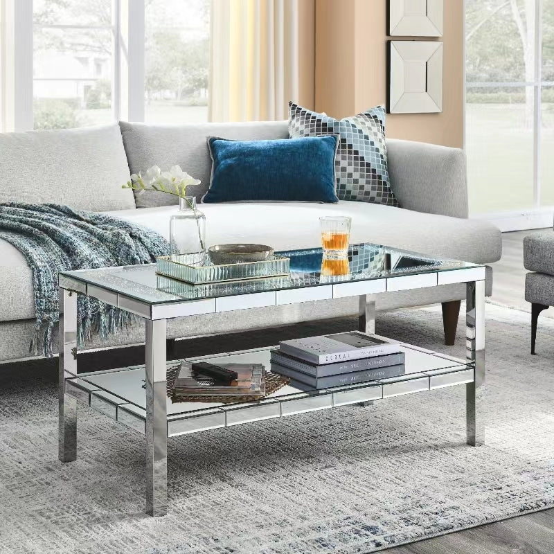 W 39.5' X D 19.5'X H 19.5' 2-layer crystal mirror stainless steel frame coffee table for use in offices, shops, living rooms, or bedrooms