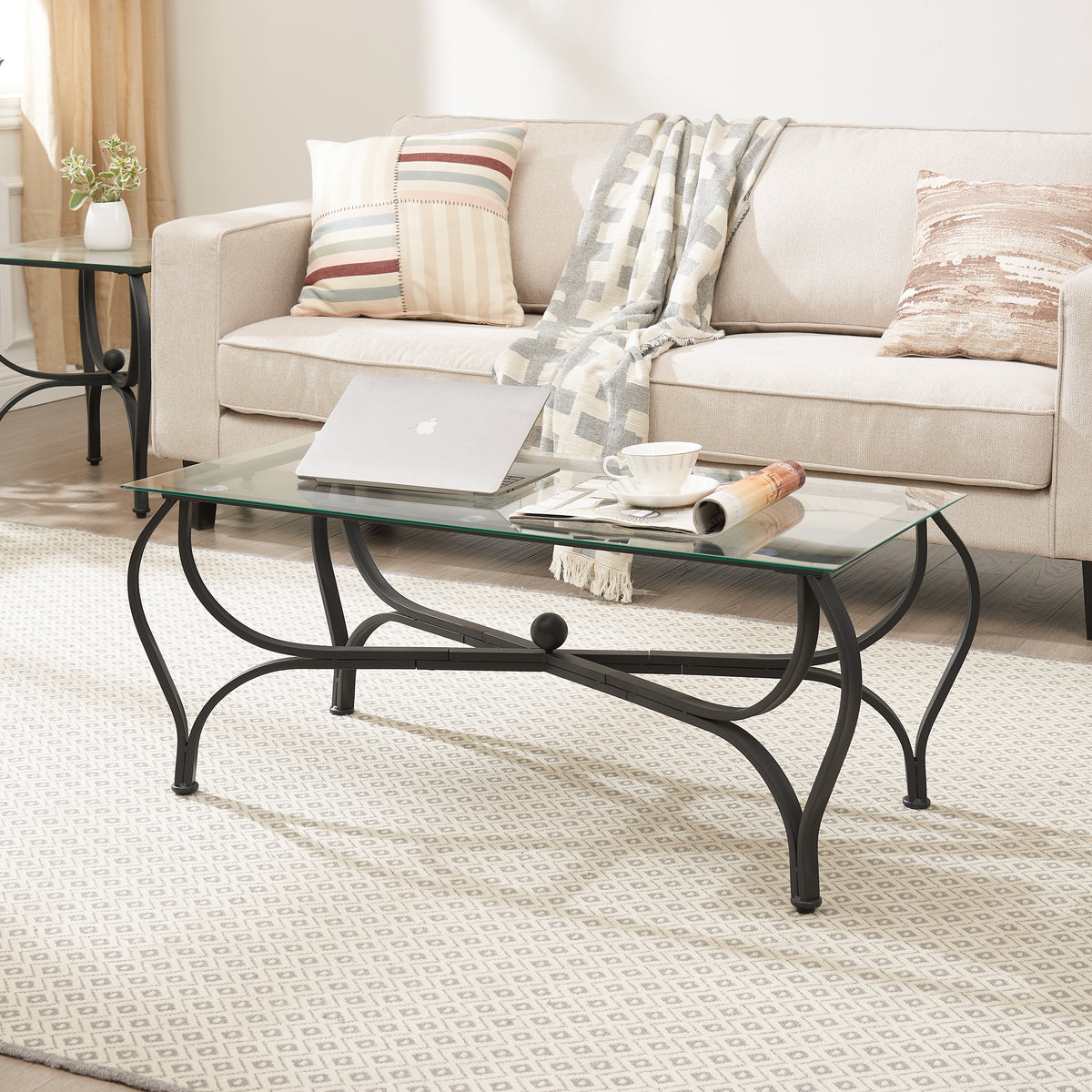 Tempered Glass Surface 3-Piece Coffee Table Set Decor Rectangle Coffee Table with 2 Square End Side Table Unique Design Coffee Table with Sturdy Construction for Living Room (Rustic Black)