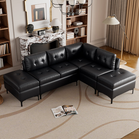 94.88' L-Shaped Corner Sofa Pu Leather Sectional Sofa Couch with Movable Storage Ottomans for Living Room, Black
