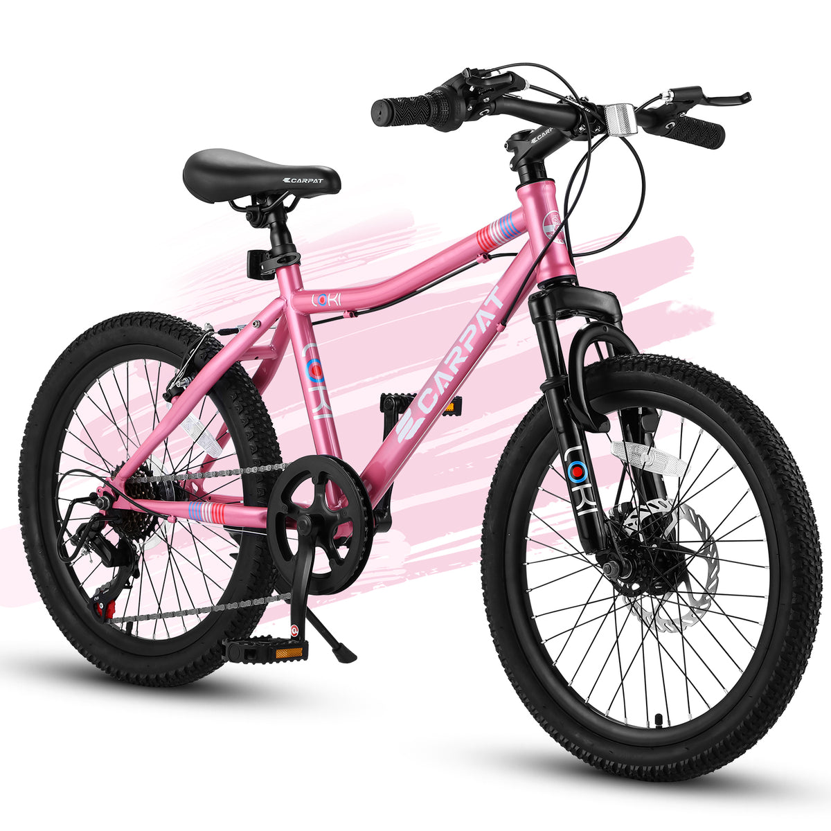 Ecarpat Kids' Mountain Bike 20 Inch, 7 Speed, Front Suspension, Pink Steel Frame, Ages 8-12