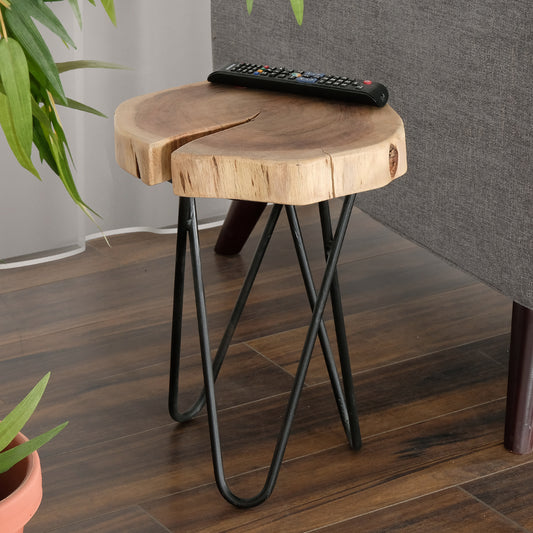 12' Acacia Wood End/Side Table, Living Room Accent Stool, Iron Hairpin Legs, Home Décor, Brown/Black