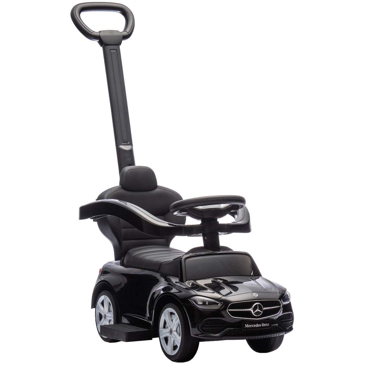 Qaba Mercedes-Benz C-Class Licensed 2-in-1 Ride-On Push Car, Baby Stroller Walking Car with Parent Control Handle, Safety Guardrail, Horn, Under Seat Storage, Kids Foot-to-Floor Toy, 18-36 M, Black