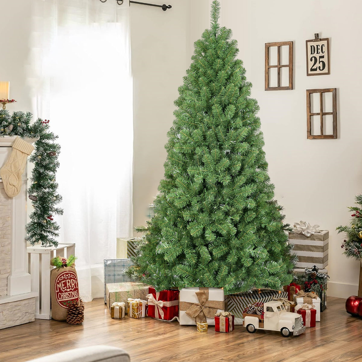 7ft Christmas Tree with Memory Wire, 1064 Tips Hinged Artificial PVC Tree, Easy Setup Green Xmas Tree for Indoor Holiday Decoration