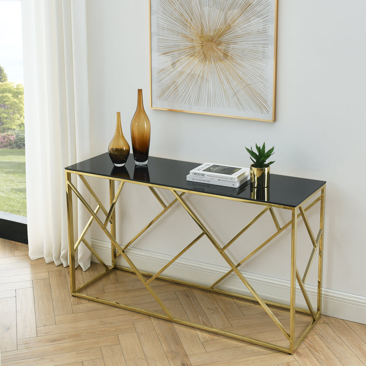 Modern Glass Console Table, 55' Gold Sofa Table with Sturdy Metal Frame and Black Tempered Glass Top, for Living Room Entryway Bedroom, Gold Finish