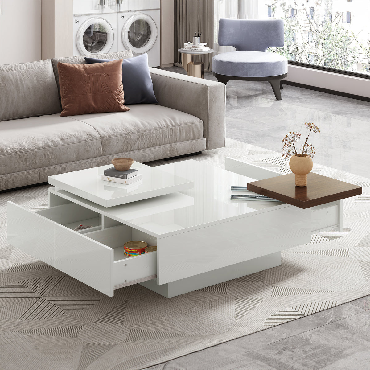 U-Can Movable Top Coffee Table, Modern Square Wood Coffee Table with High Gloss finish, 4 Hidden Storage Drawers for Living Room(Date of Expected Arrival: 11.25)