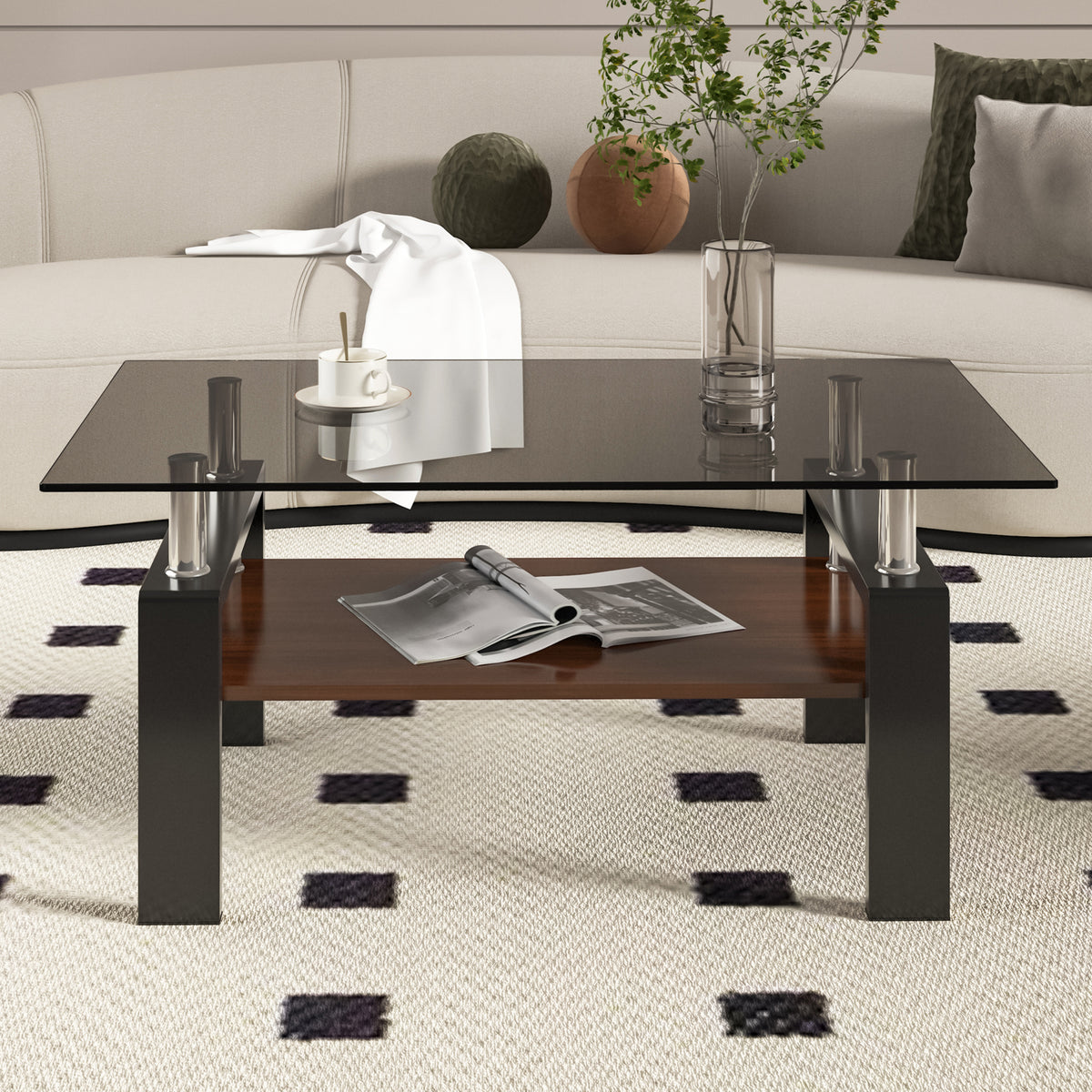 Rectangle Coffee Table, Tempered Glass Tabletop with MDF Layer, Modern Table for Living Room , Gray Glass