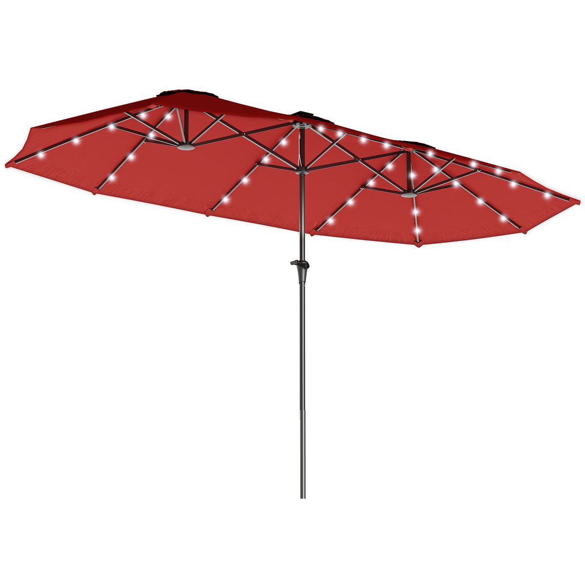 Outsunny 13ft Large Patio Umbrella with Solar Lights, Rectangular Double-Sided Outdoor Market Umbrella with Crank Handle and 48 LED Bulbs for Garden, Pool and Backyard, UPF 30+, Wine Red