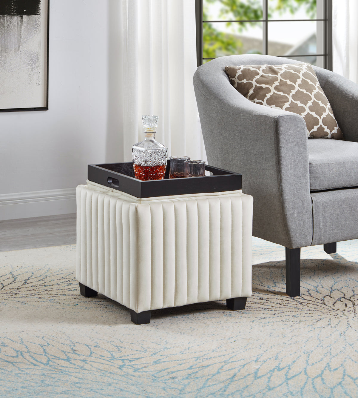 18 Inch Wide Contemporary Square CubeStorage Ottoman Bench, Storage Bench with coffee tray,coffee table for Living Room Ottoman  foot rest for Bedroom End of Bed, BEIGE velvet fabric in modern SAWING