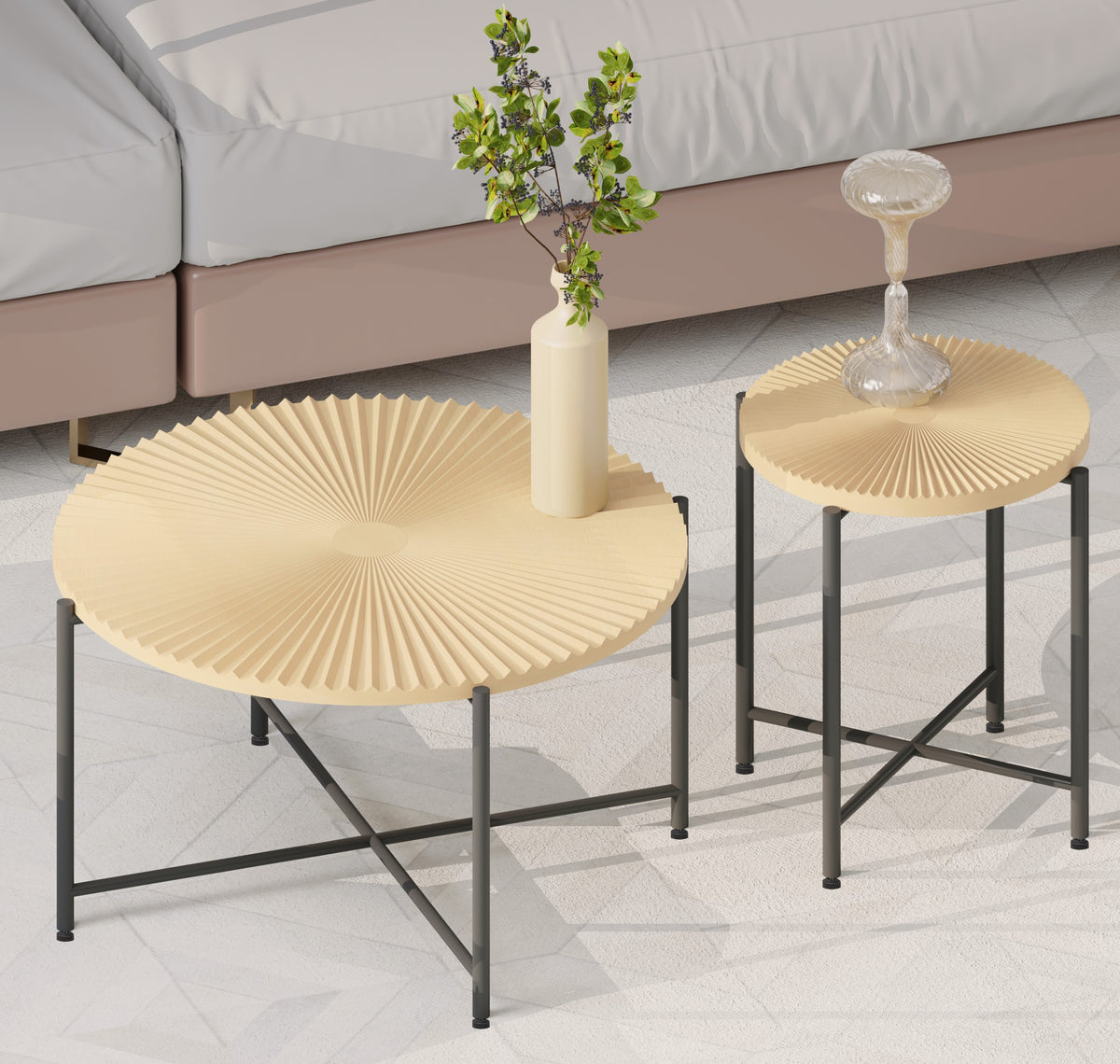 Radial Pattern 2-Piece Coffee and End Table Set – Waterproof MDF with PVC Cover, Distressed Cylindrical Design, Black Metal Legs – Classic Rustic Charm, Technical Wood