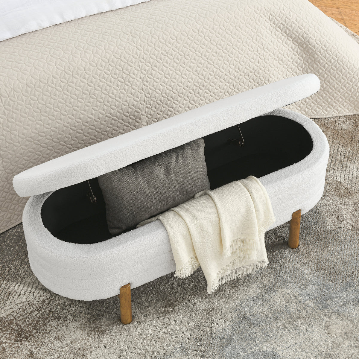 Ottoman Oval Storage Bench,Rubber Wood Leg,Beige(46.'x17.7'x10.8')