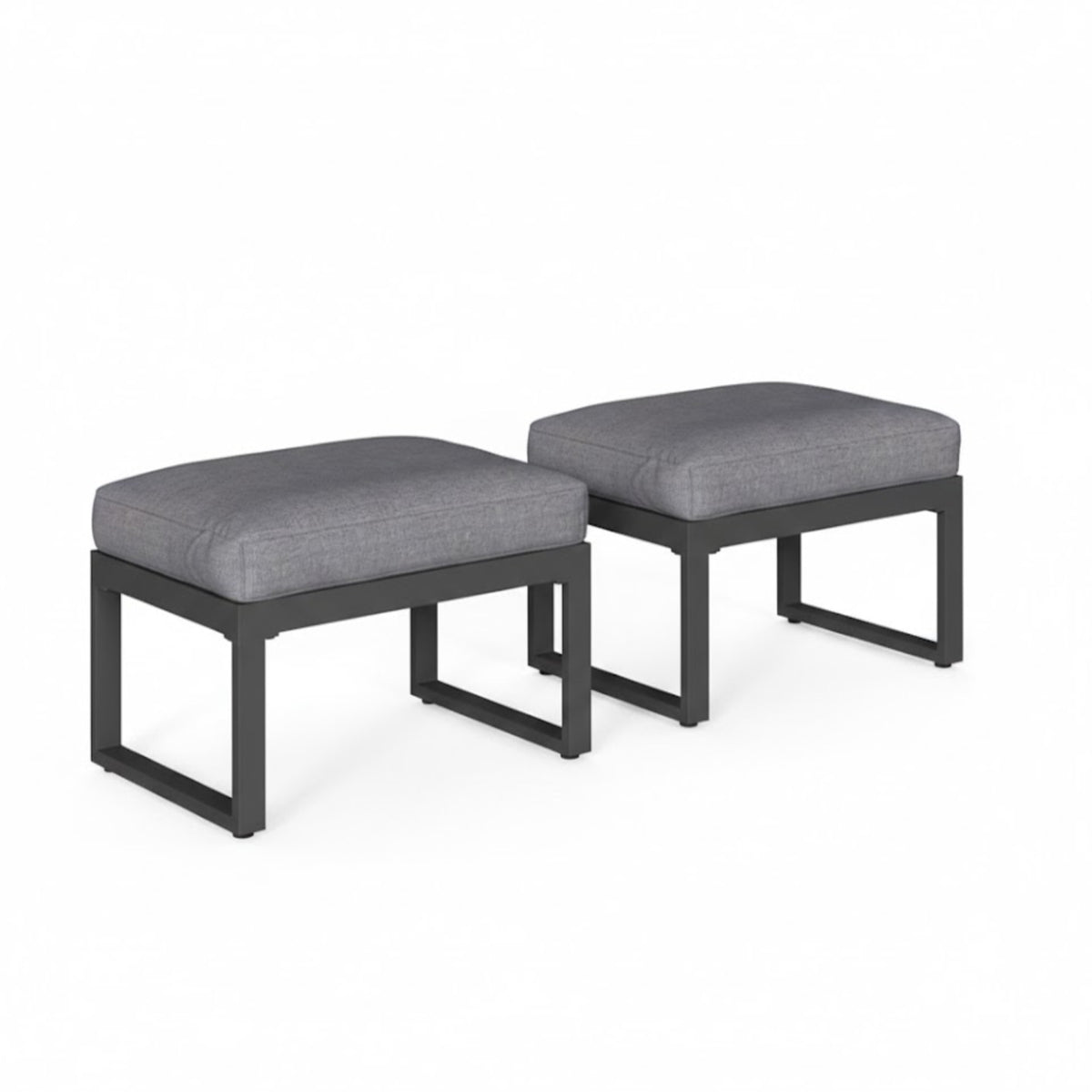 Set of 2 26' All-Weather Aluminum Patio Ottomans with Thick Gray Cushions in Black+Grey Finish